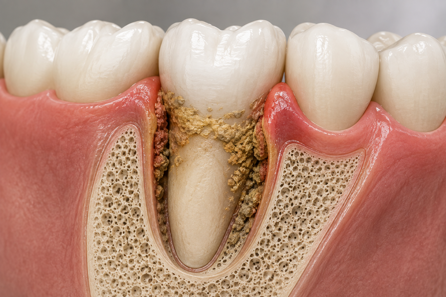 Sarro debajo de la encía en un paciente con periodontitis